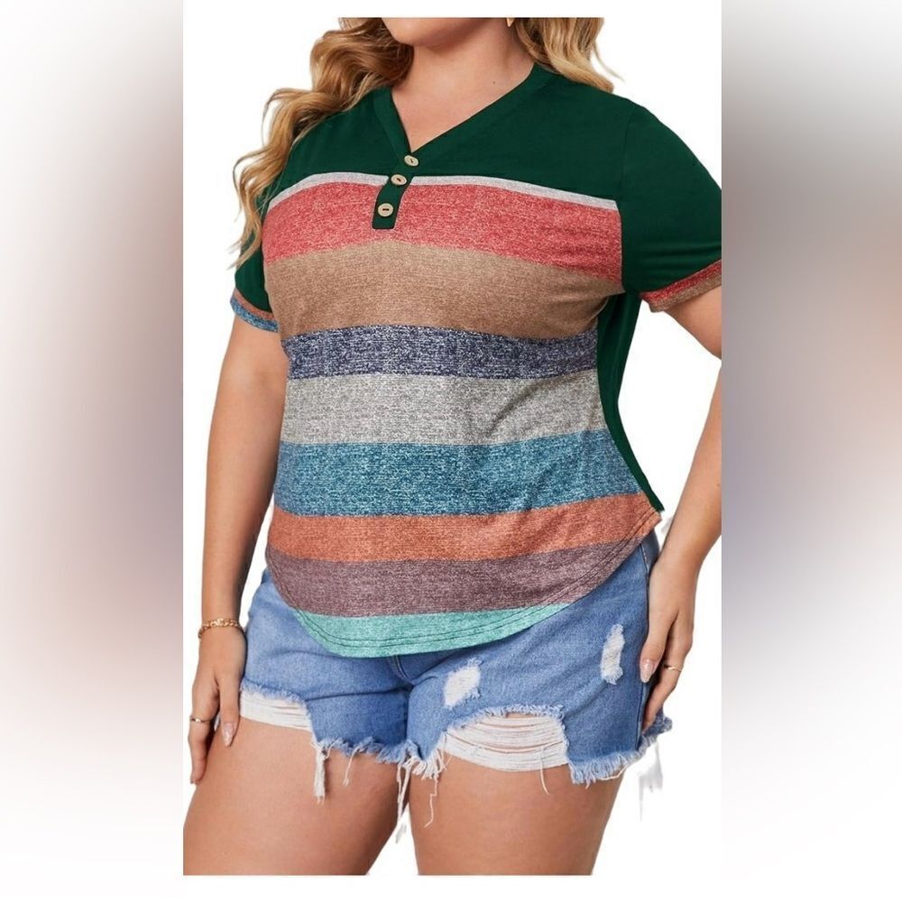 Colorblock V neck  Multicolor Blouse
